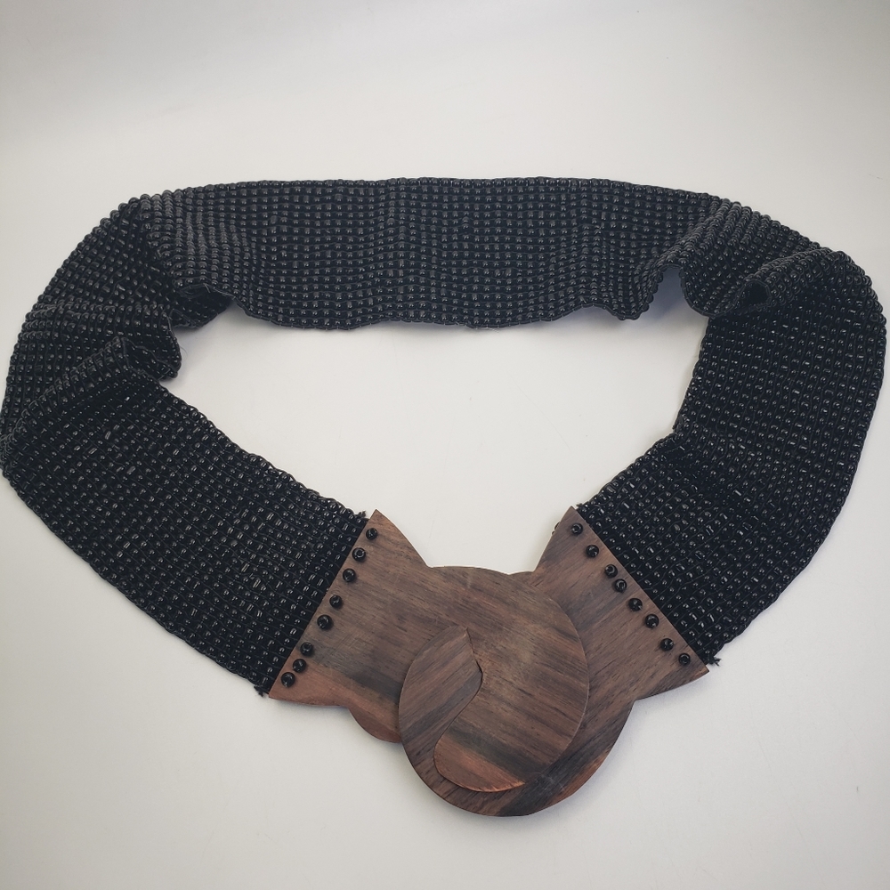 Stretchy Black w/ Beads & Large Wooden Buckle - Statement Vintage Artsy Medium
